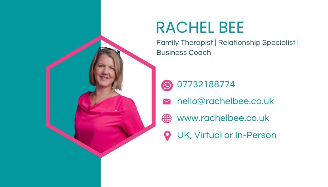 Business Card with a photo of rachel Bee her job title (family therapist) and her website www.rachelbee.co.uk, her email hello@rachelbee.co.uk and her phone number so people can whatsapp her easily 07732188774