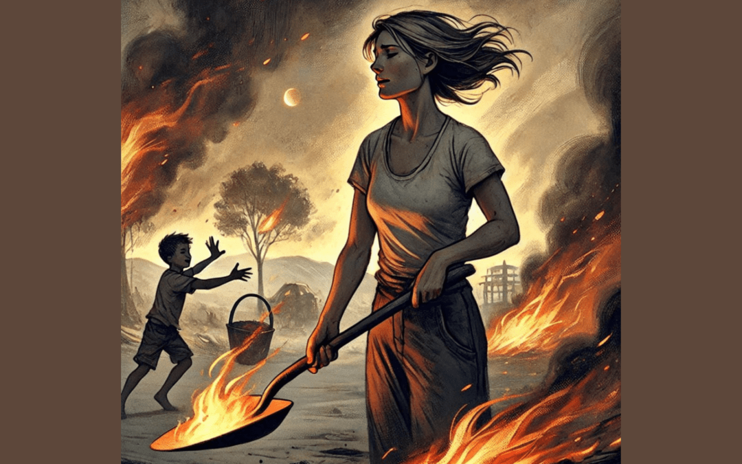 Woman gently putting out the fire - an analogy of life becoming overwhelming